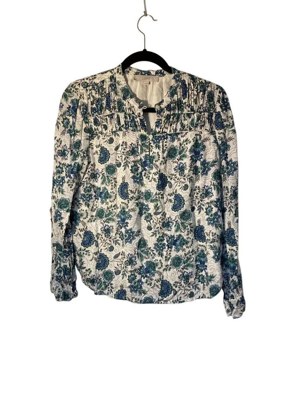 Loft women’s teal floral, print, long sleeve button front Blouse XS